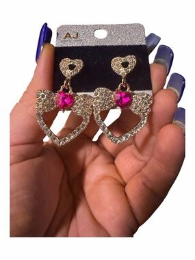 Crystal Heart Dangle Earrings with Hot Pink Stone
